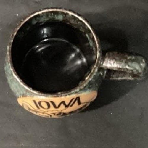 Iowa Stoneware Pottery Mug, 3D Cow Farm Design, Vintage Blue Speckled Folk Art - Thumbnail 5