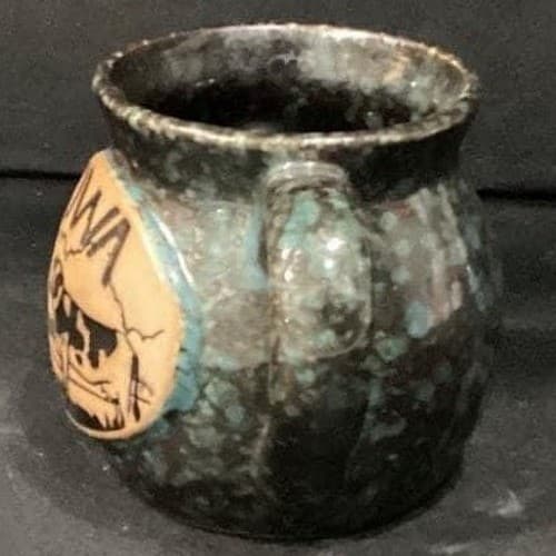 Iowa Stoneware Pottery Mug, 3D Cow Farm Design, Vintage Blue Speckled Folk Art - Thumbnail 9