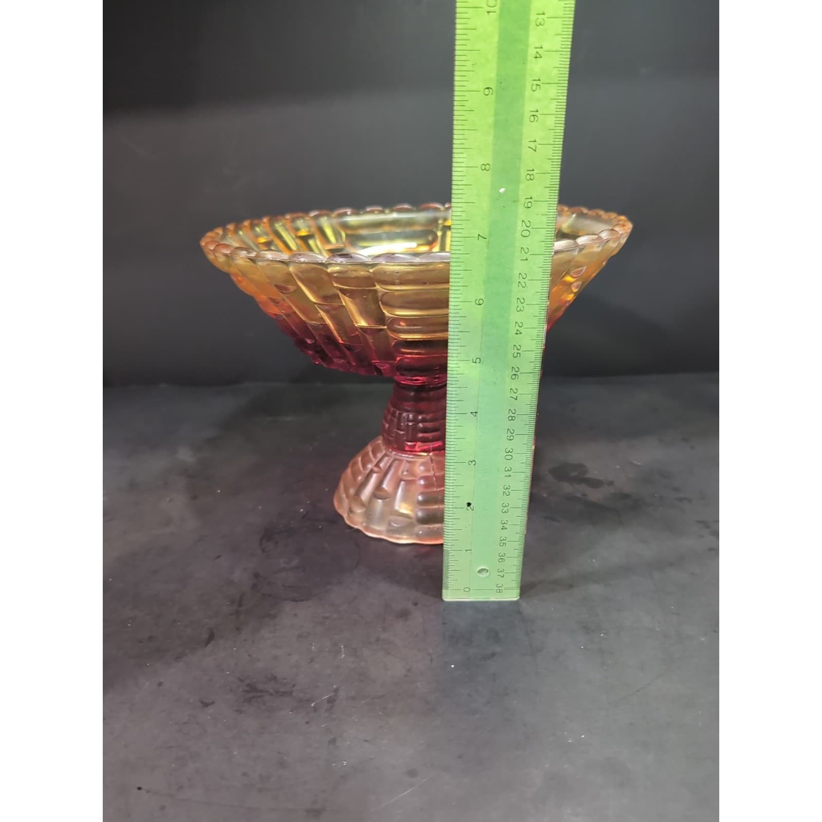 Jeanette "Louisa" Amberina Bowl, Vintage Pedestal Glassware, Carnival Fruit Bowl - Thumbnail 9