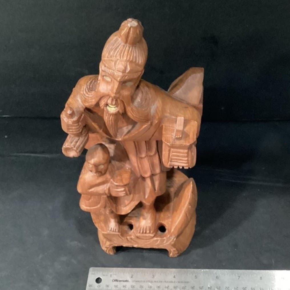 Asian Hand-Carved Wood Figurine, Medicine Man With Child, Chinese Folk Art - Thumbnail 3
