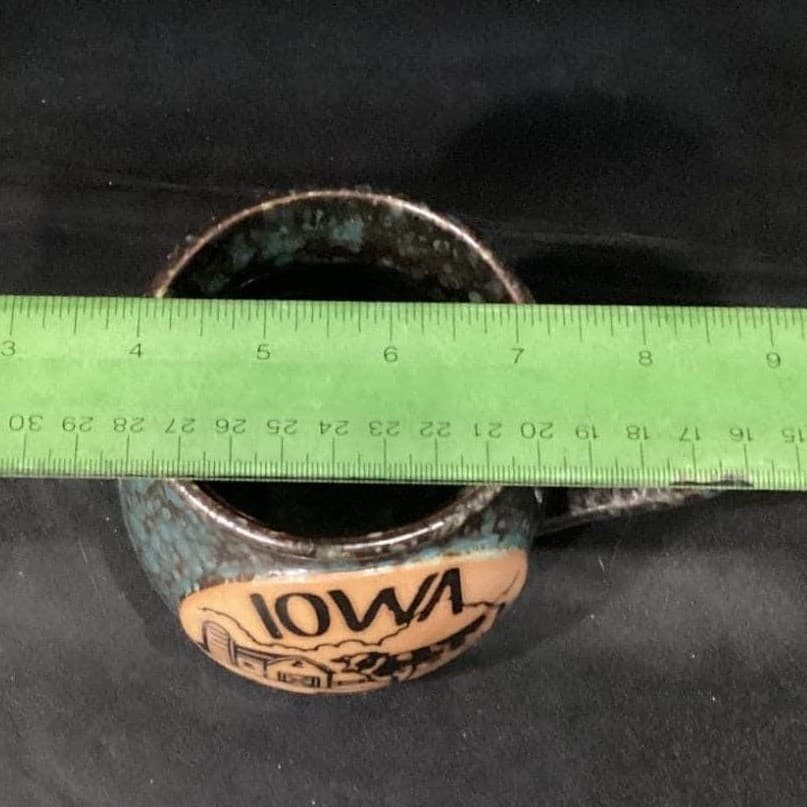Iowa Stoneware Pottery Mug, 3D Cow Farm Design, Vintage Blue Speckled Folk Art - Thumbnail 2