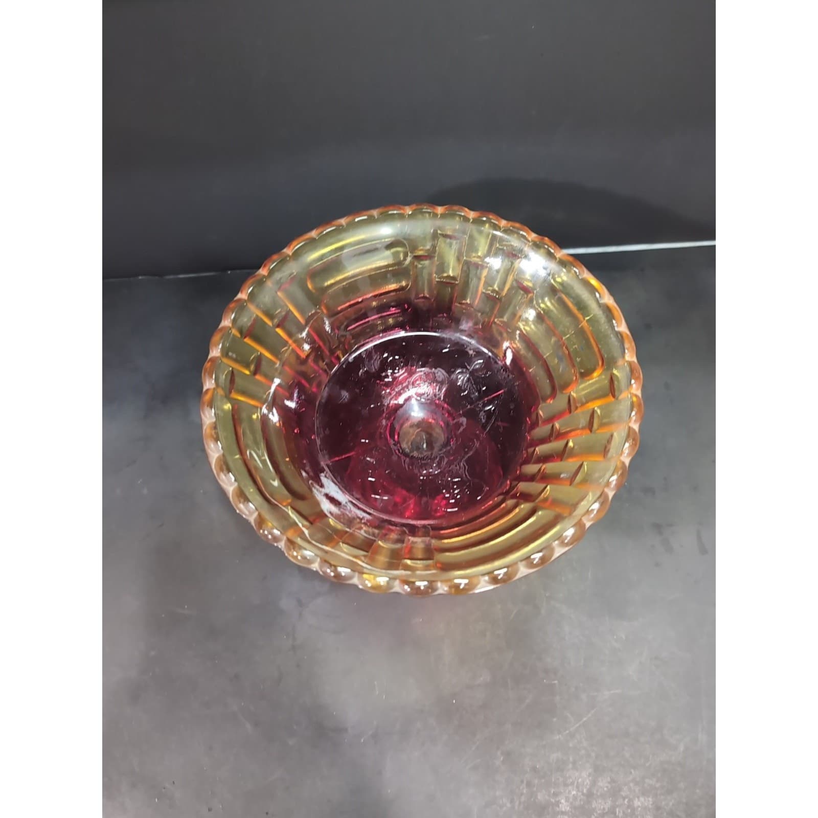 Jeanette "Louisa" Amberina Bowl, Vintage Pedestal Glassware, Carnival Fruit Bowl - Thumbnail 6
