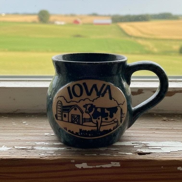 Iowa Stoneware Pottery Mug, 3D Cow Farm Design, Vintage Blue Speckled Folk Art
