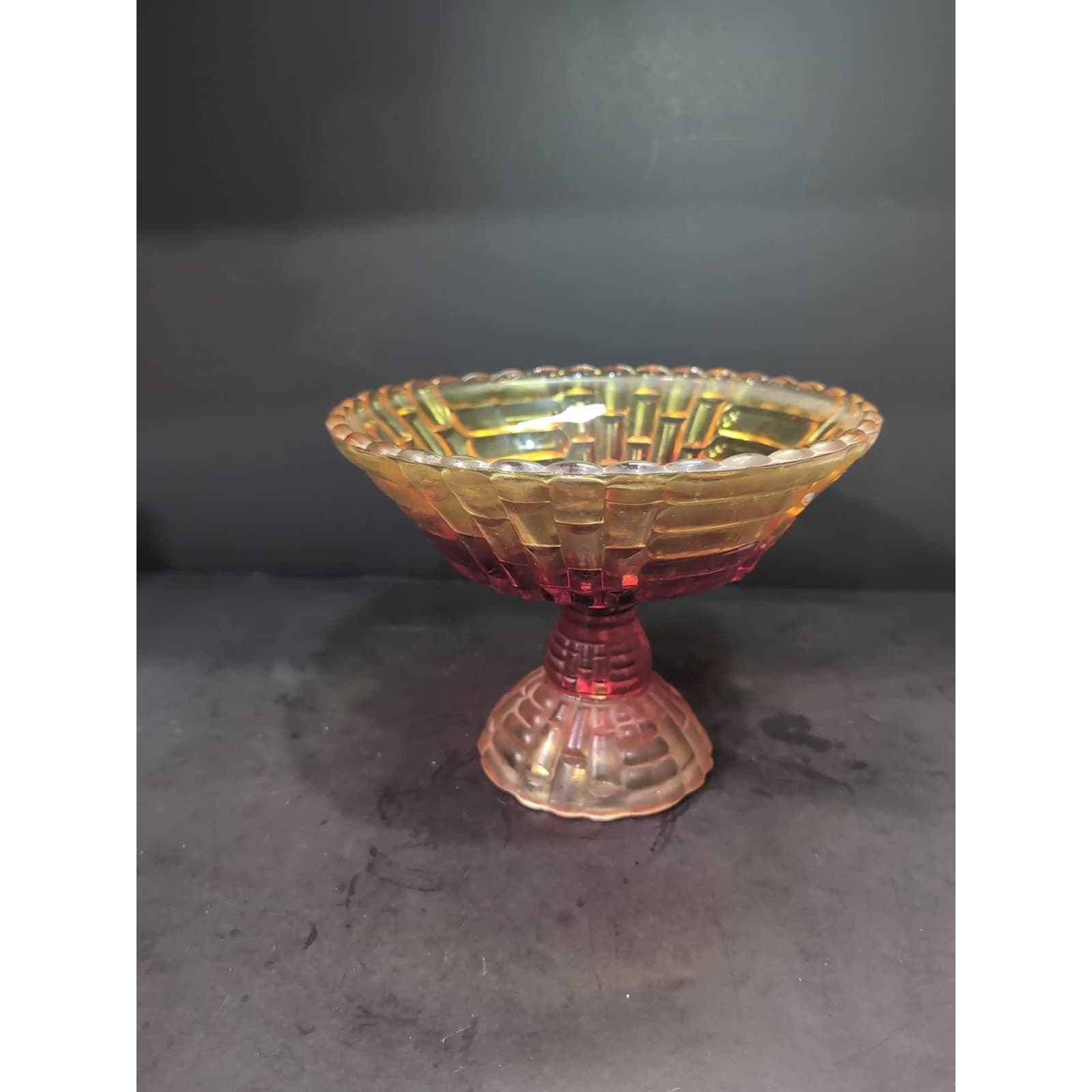 Jeanette "Louisa" Amberina Bowl, Vintage Pedestal Glassware, Carnival Fruit Bowl - Thumbnail 3