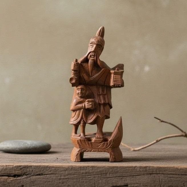 Asian Hand-Carved Wood Figurine, Medicine Man With Child, Chinese Folk Art