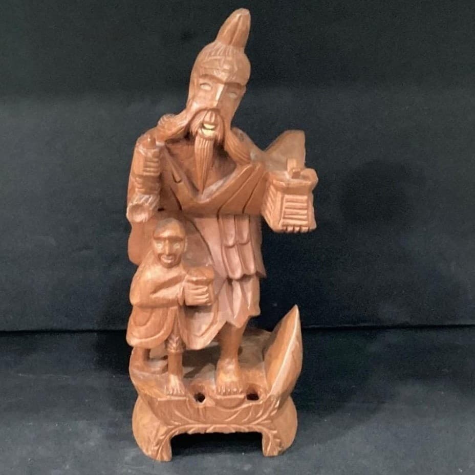 Asian Hand-Carved Wood Figurine, Medicine Man With Child, Chinese Folk Art - Thumbnail 6
