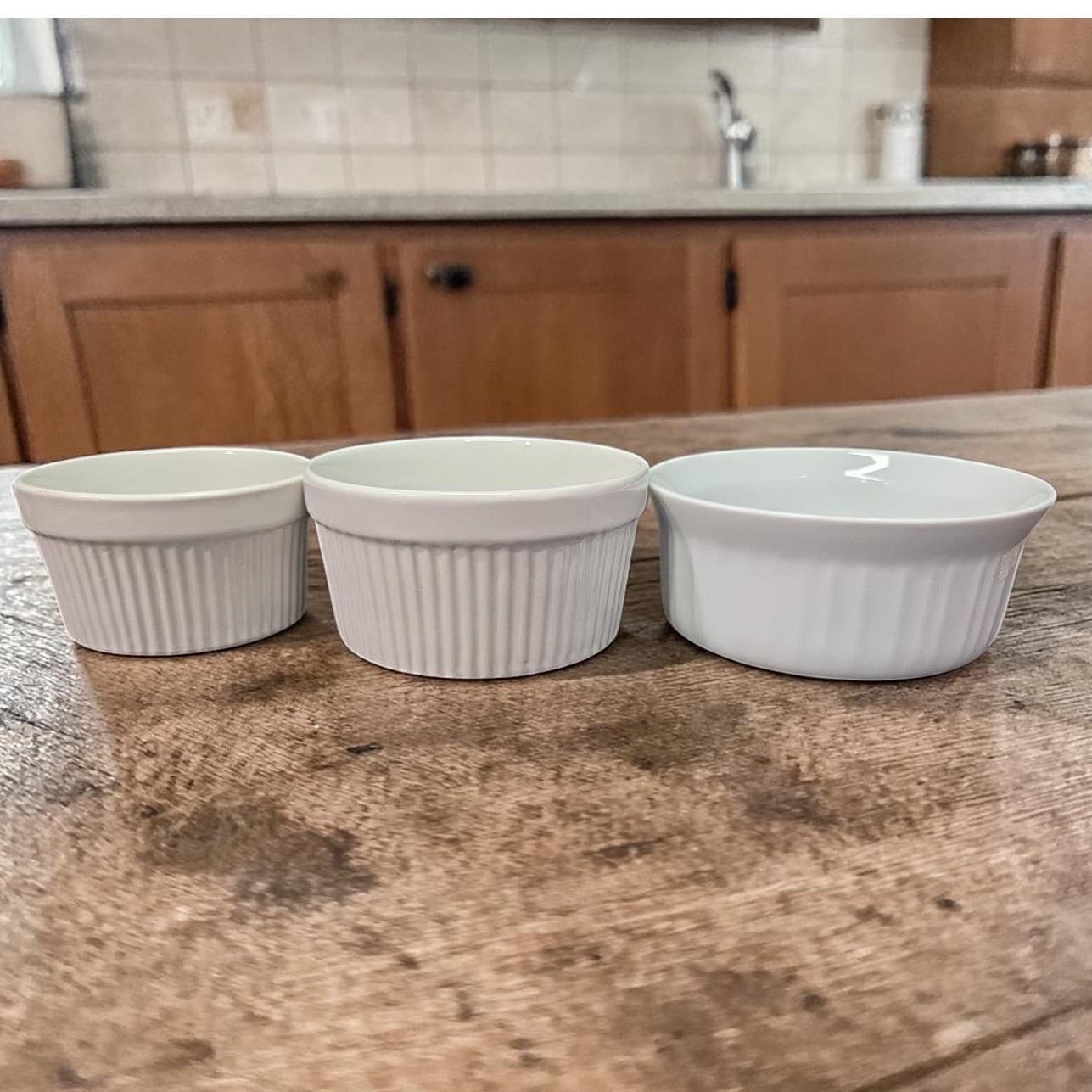 Bali White Ceramic Bowls, Set of 3, Ribbed Design, Vtg Glossy Glaze Kitchenware