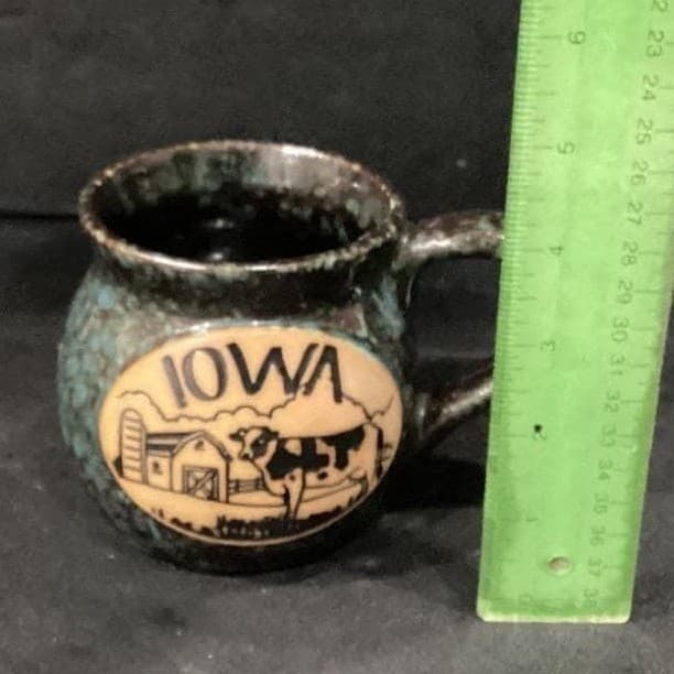 Iowa Stoneware Pottery Mug, 3D Cow Farm Design, Vintage Blue Speckled Folk Art - Thumbnail 3