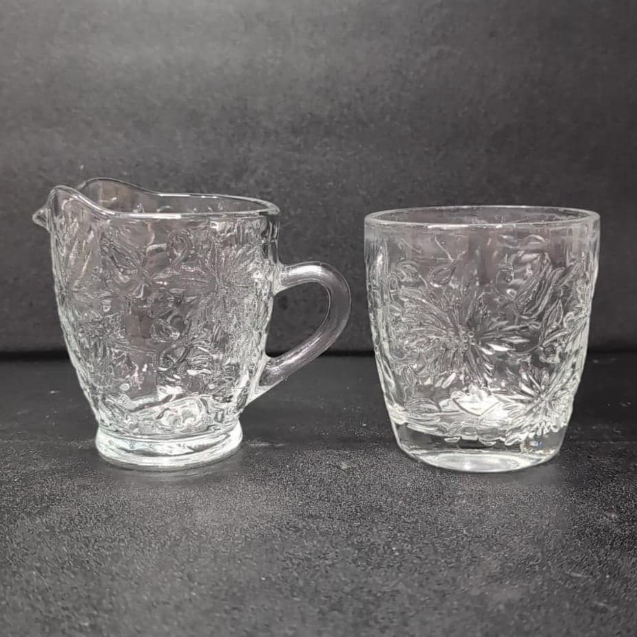 Princess House Fantasia Open Sugar Bowl & Creamer Set #5242, Etched Poinsettias - Thumbnail 2