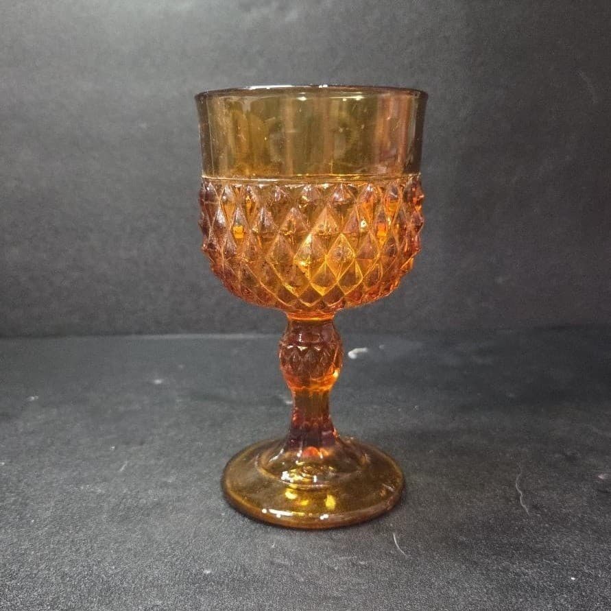 Indiana Glass Amber Diamond Point Water Goblet, Vintage Mid-Century Stemware - Thumbnail 5