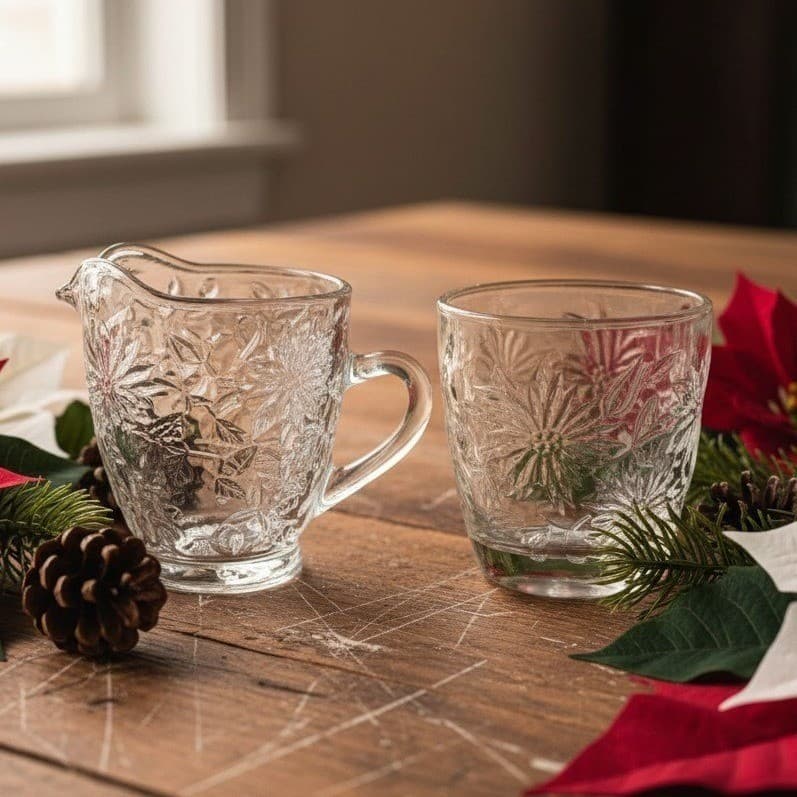 Princess House Fantasia Open Sugar Bowl & Creamer Set #5242, Etched Poinsettias