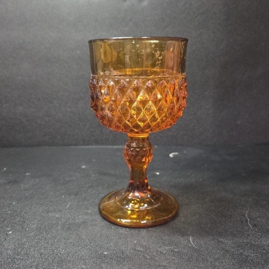 Indiana Glass Amber Diamond Point Water Goblet, Vintage Mid-Century Stemware - Thumbnail 4