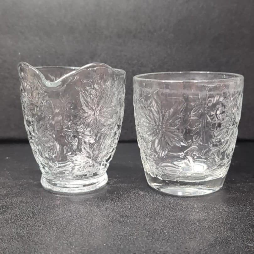 Princess House Fantasia Open Sugar Bowl & Creamer Set #5242, Etched Poinsettias - Thumbnail 3