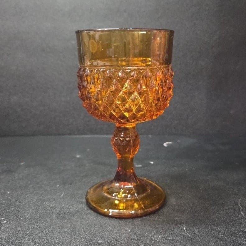 Indiana Glass Amber Diamond Point Water Goblet, Vintage Mid-Century Stemware - Thumbnail 3