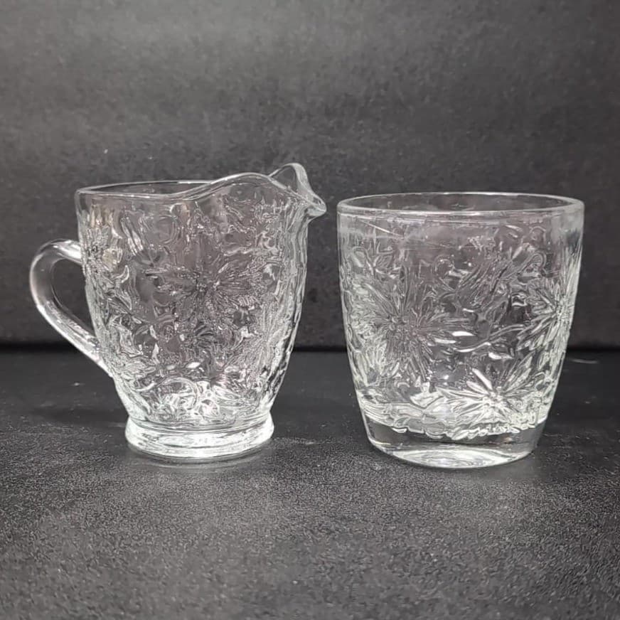 Princess House Fantasia Open Sugar Bowl & Creamer Set #5242, Etched Poinsettias - Thumbnail 4