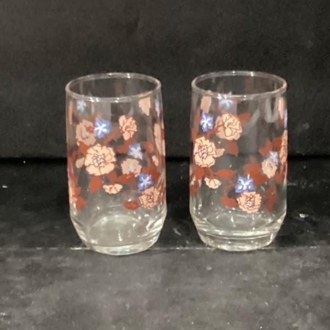Libbey Floral Juice Glasses, Set of 2, Vintage Orange Flowers Design Drinkware - Thumbnail 2