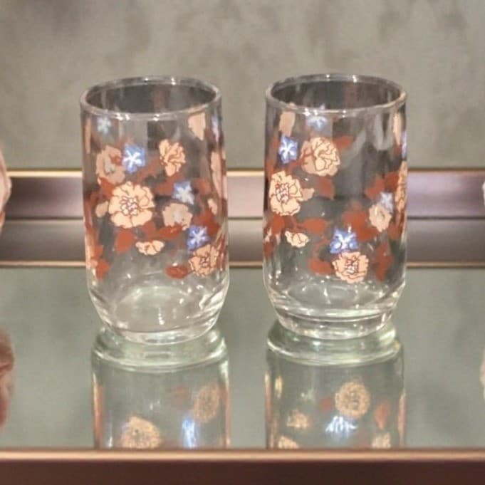 Libbey Floral Juice Glasses, Set of 2, Vintage Orange Flowers Design Drinkware
