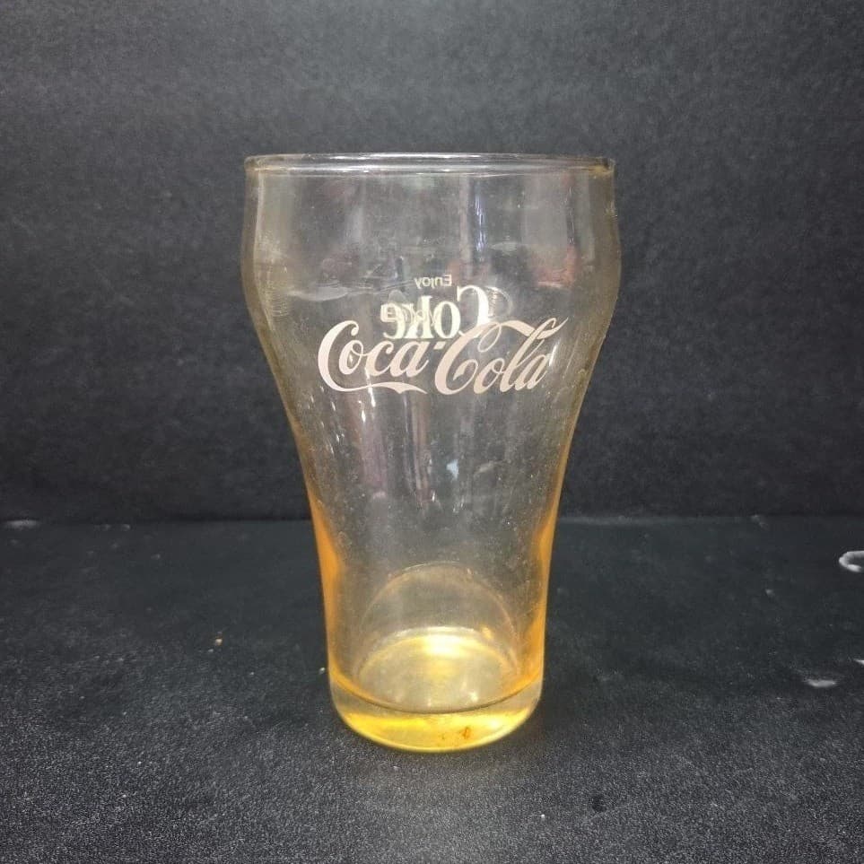 Coca Cola "Enjoy Coke" Orange Tint Tumbler, Vintage Bell Top Soda Fountain Glass - Thumbnail 4