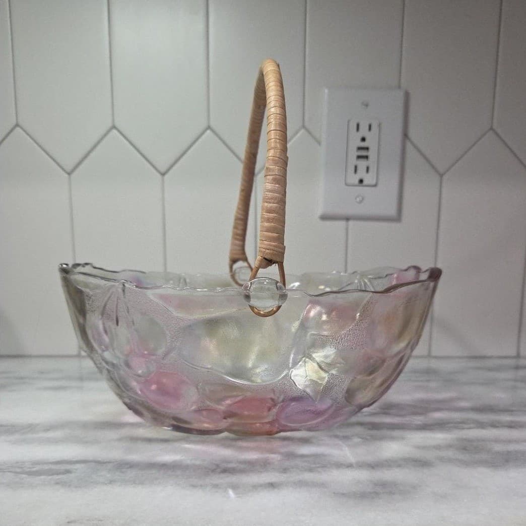 Home Interiors Multicolor Garden Themed Glass Basket Vintage Rattan Handle Decor - Thumbnail 2