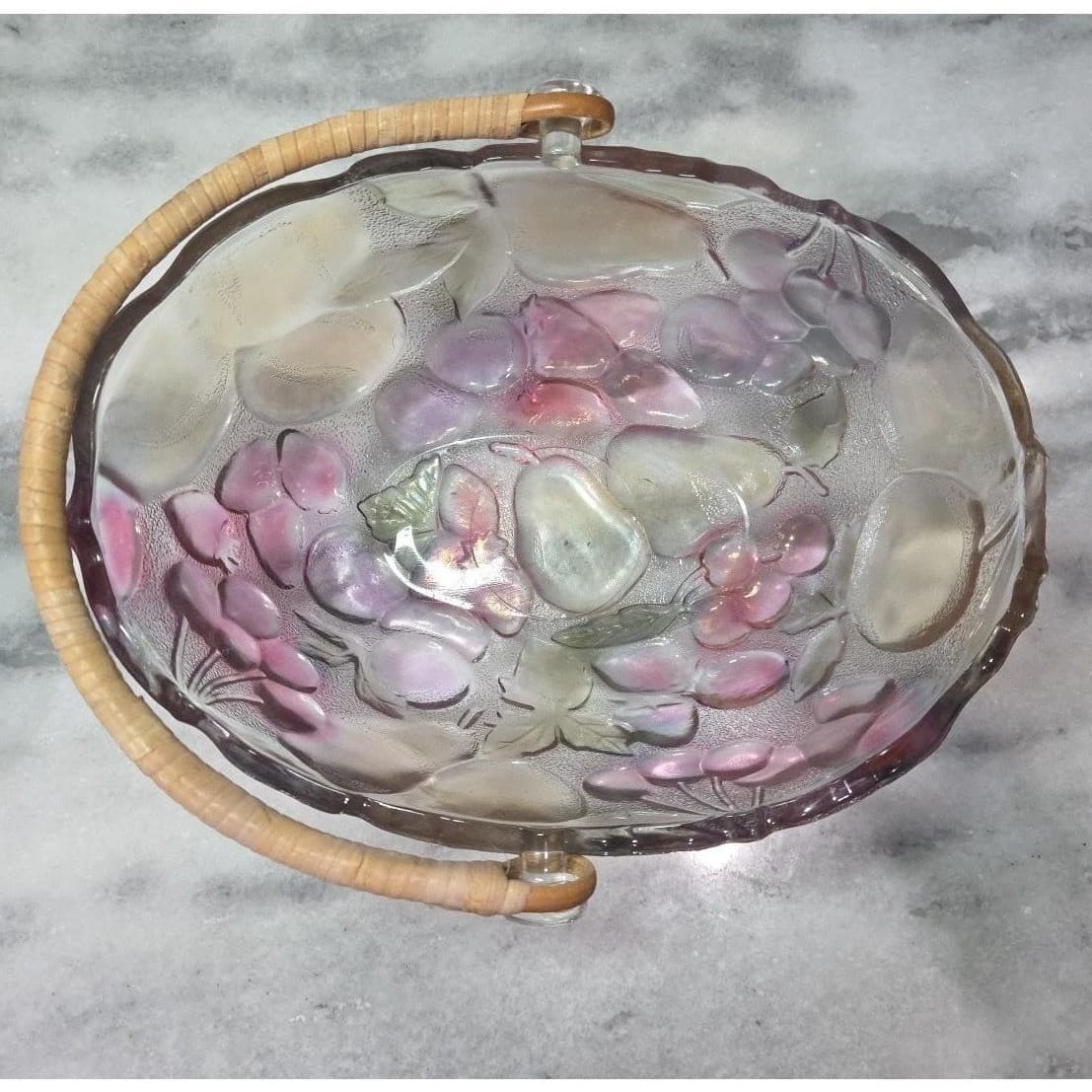 Home Interiors Multicolor Garden Themed Glass Basket Vintage Rattan Handle Decor - Thumbnail 6