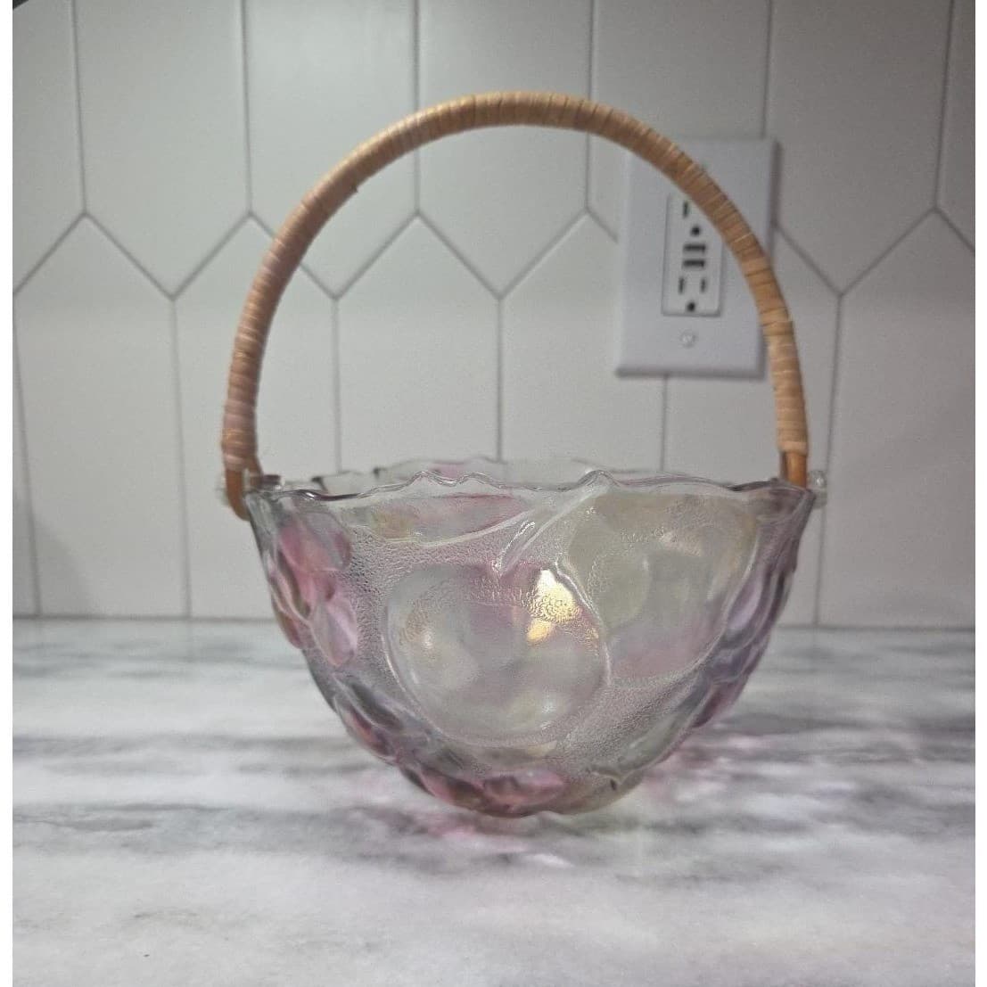 Home Interiors Multicolor Garden Themed Glass Basket Vintage Rattan Handle Decor - Thumbnail 5