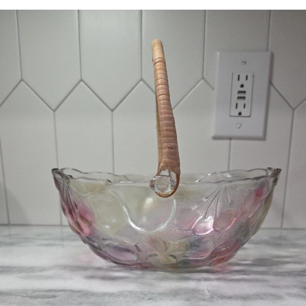 Home Interiors Multicolor Garden Themed Glass Basket Vintage Rattan Handle Decor - Thumbnail 4