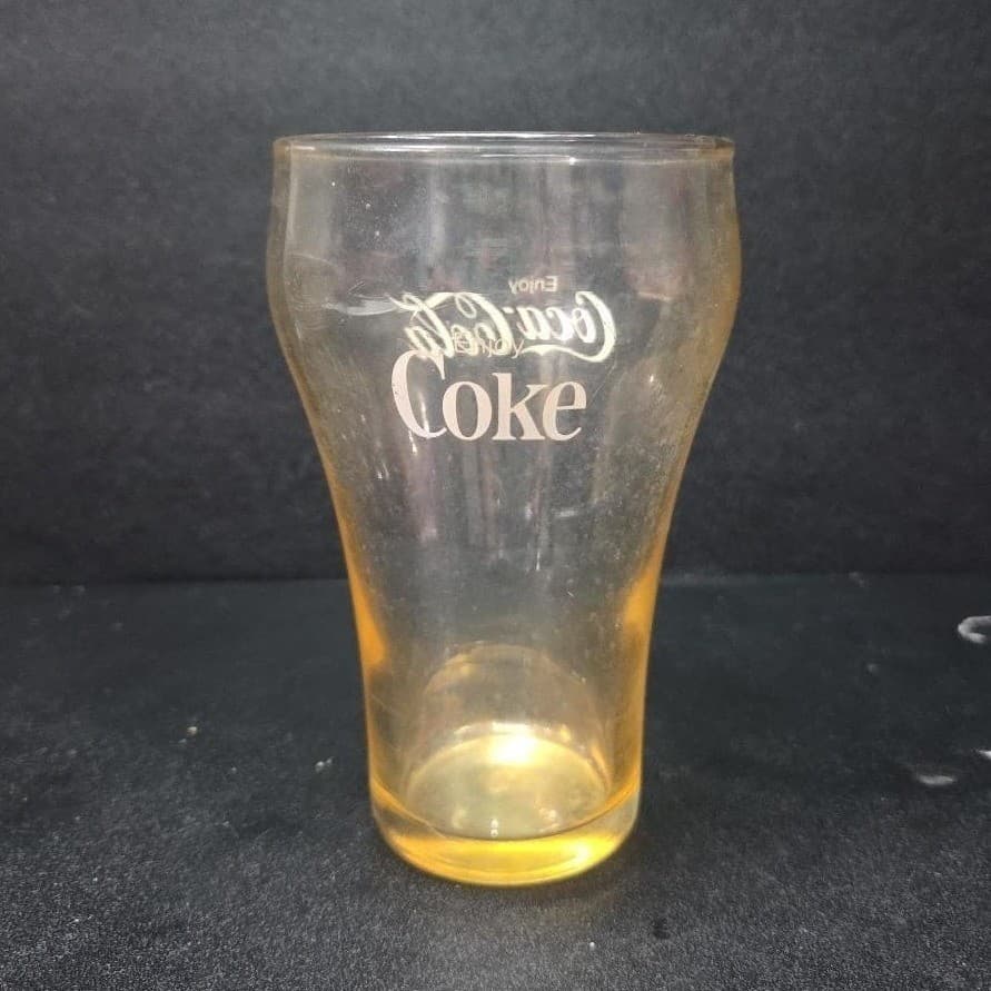 Coca Cola "Enjoy Coke" Orange Tint Tumbler, Vintage Bell Top Soda Fountain Glass - Thumbnail 2
