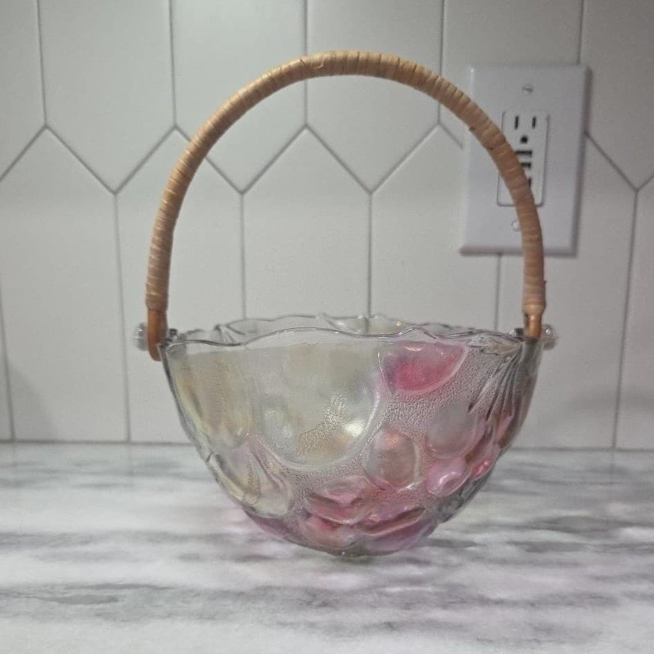 Home Interiors Multicolor Garden Themed Glass Basket Vintage Rattan Handle Decor - Thumbnail 3