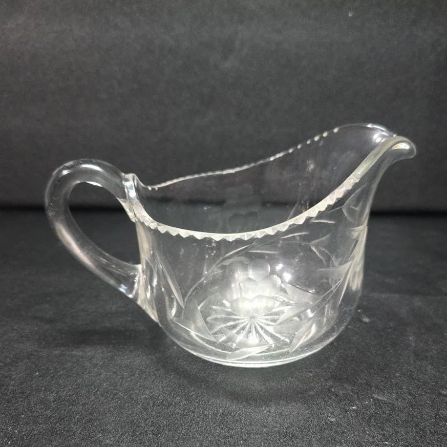 Floral Etched Crystal Creamer, Vintage Clear Glass Small Pitcher, Tableware - Thumbnail 2