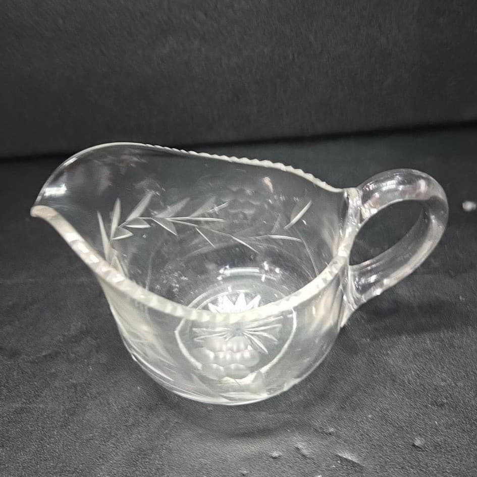 Floral Etched Crystal Creamer, Vintage Clear Glass Small Pitcher, Tableware - Thumbnail 6