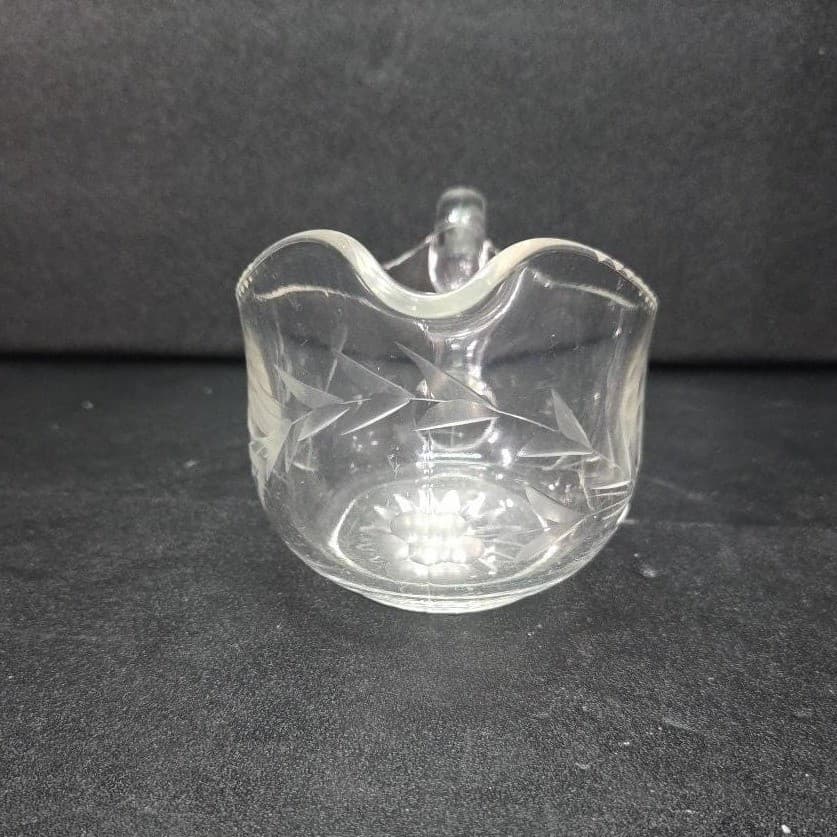 Floral Etched Crystal Creamer, Vintage Clear Glass Small Pitcher, Tableware - Thumbnail 3