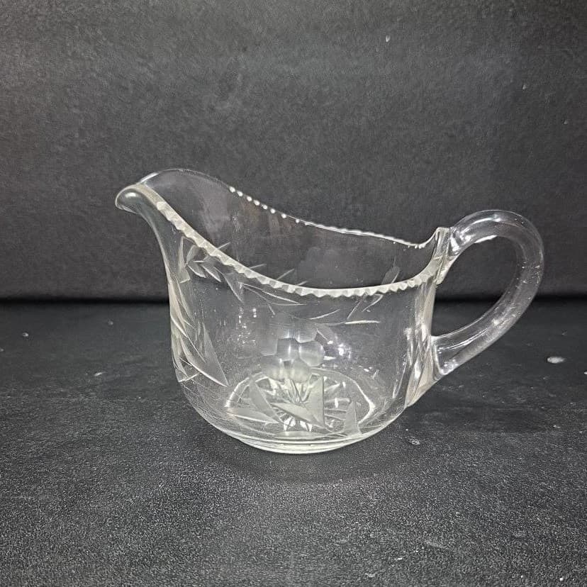 Floral Etched Crystal Creamer, Vintage Clear Glass Small Pitcher, Tableware - Thumbnail 4
