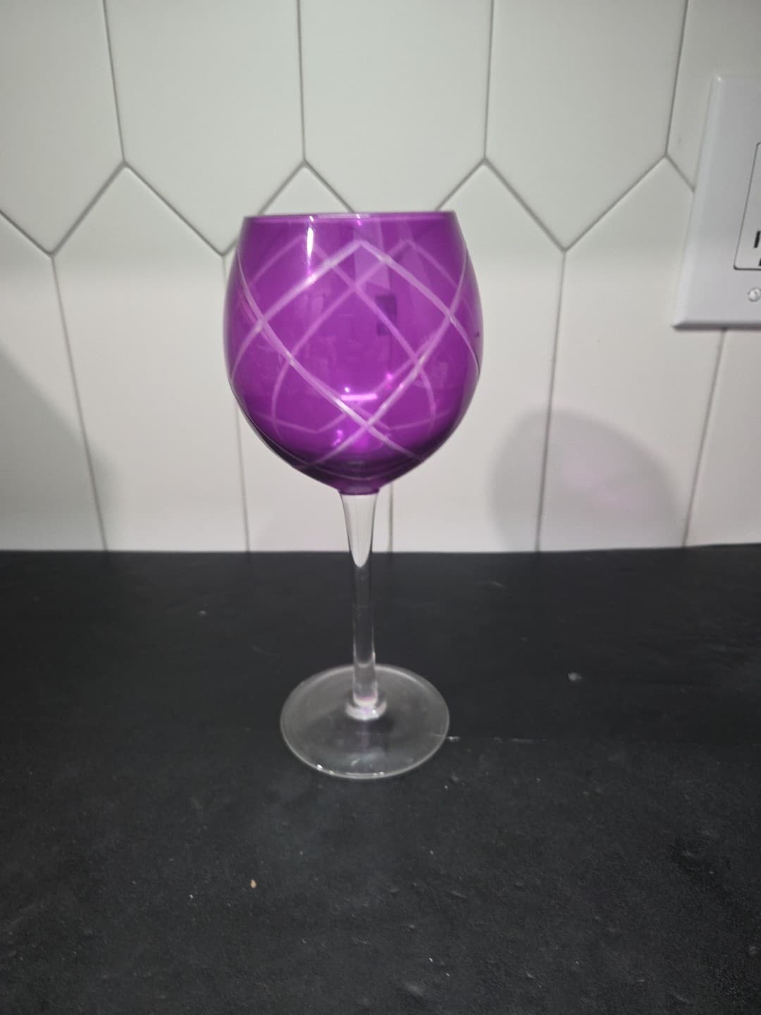 Pier 1 Amethyst Diamond Etch Wine Goblet, 8.75" Purple Balloon Glass Replacement - Thumbnail 2