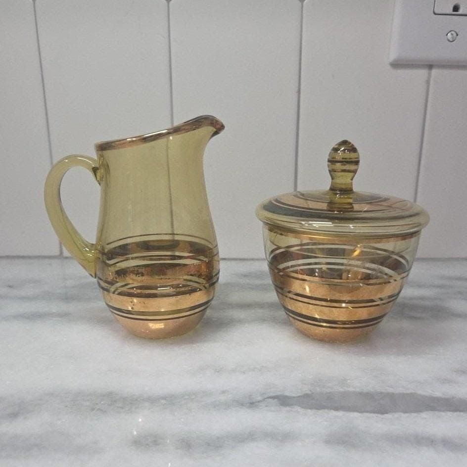 Amber Sugar Bowl & Creamer Set, Vintage Gold Rim Tableware, Macbeth-Evans Style - Thumbnail 8
