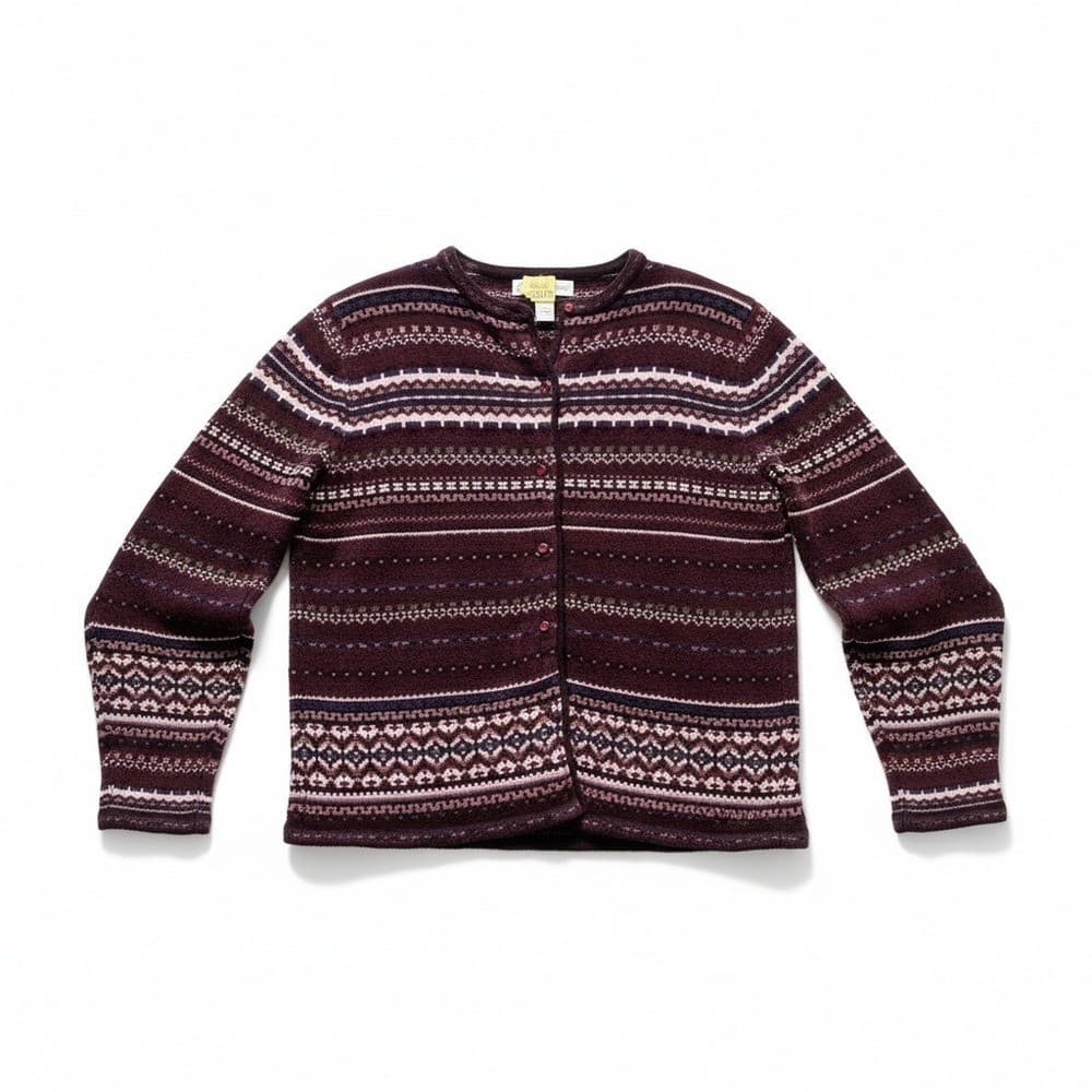 Dressbarn Fair Isle Cardigan Sweater, Women's Medium, Burgundy Knit Button Front