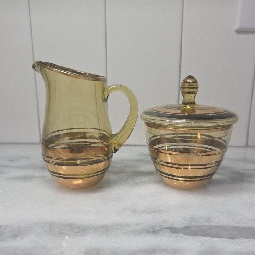 Amber Sugar Bowl & Creamer Set, Vintage Gold Rim Tableware, Macbeth-Evans Style - Thumbnail 10