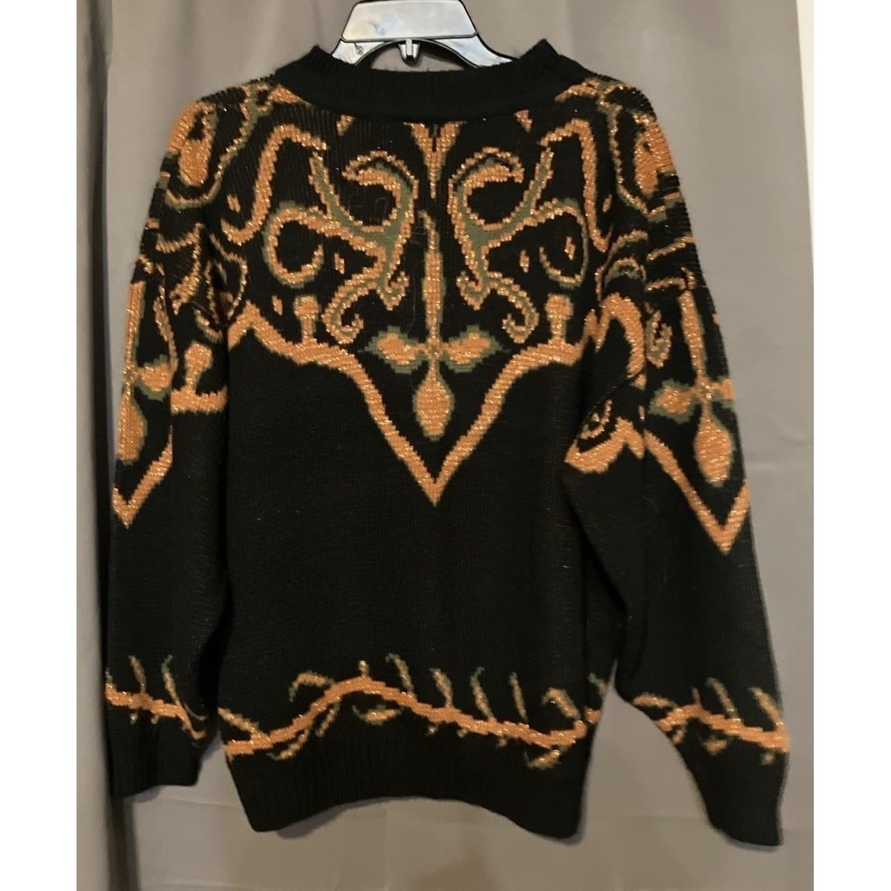 Cheryl Ornate Cross Intarsia Metallic Knit Sweater, Women's Large, Black Gold - Thumbnail 4