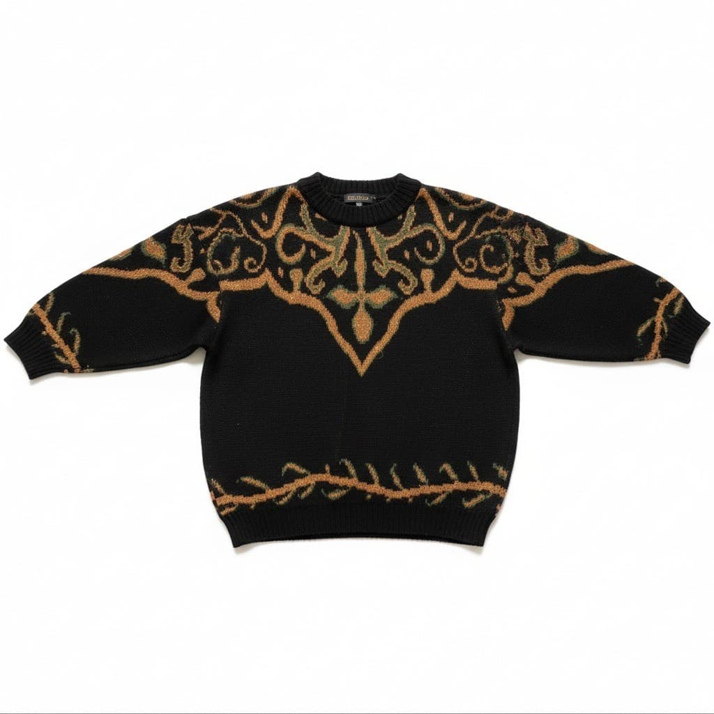 Cheryl Ornate Cross Intarsia Metallic Knit Sweater, Women's Large, Black Gold