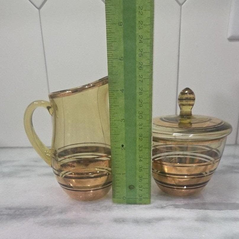 Amber Sugar Bowl & Creamer Set, Vintage Gold Rim Tableware, Macbeth-Evans Style - Thumbnail 2