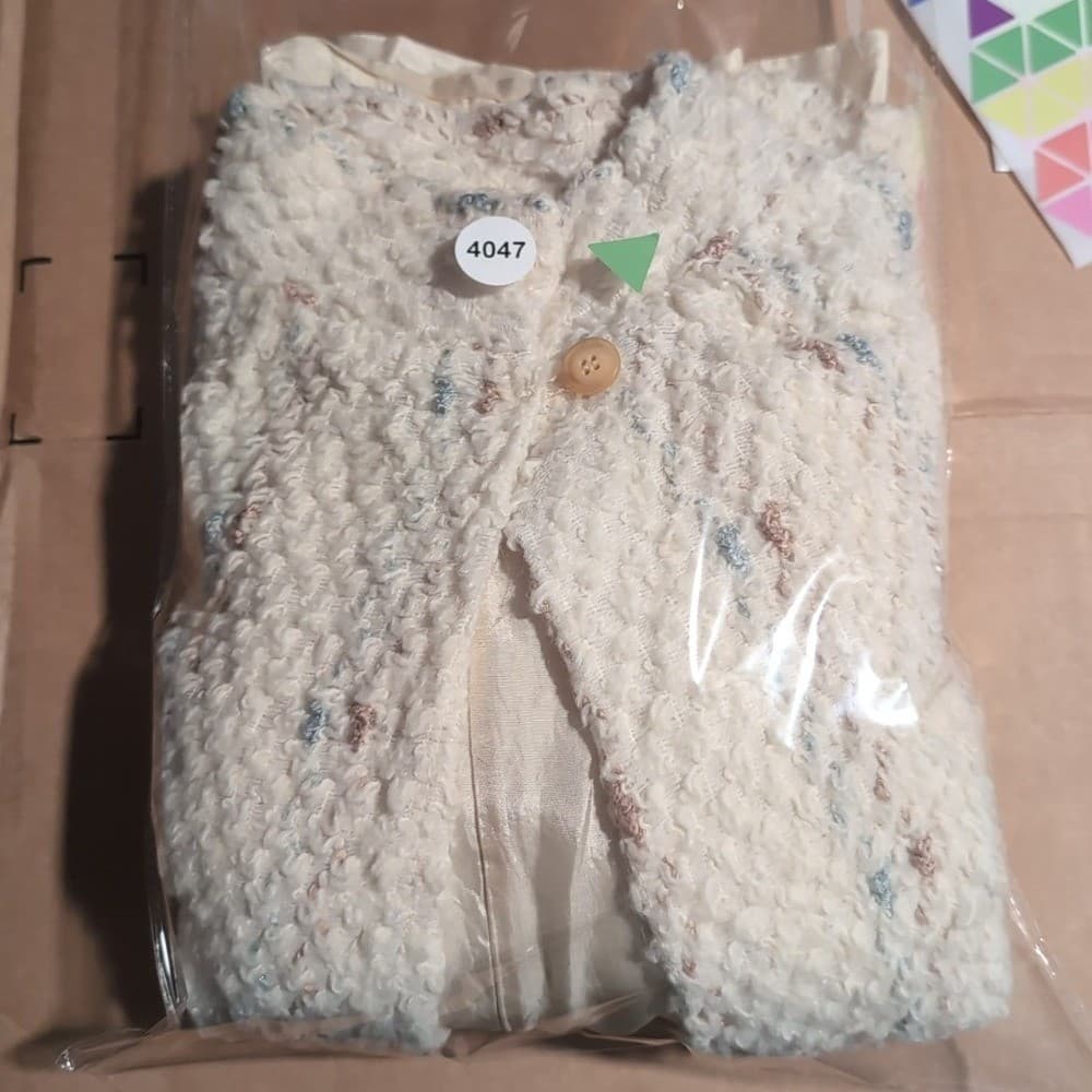 Cream Textured Boucle Knit Mock Neck, Vintage Button Front Jacket, Women's - Thumbnail 8