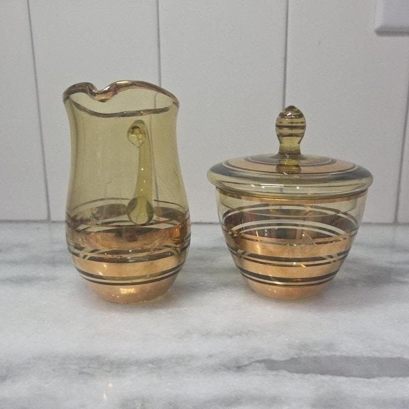 Amber Sugar Bowl & Creamer Set, Vintage Gold Rim Tableware, Macbeth-Evans Style - Thumbnail 9