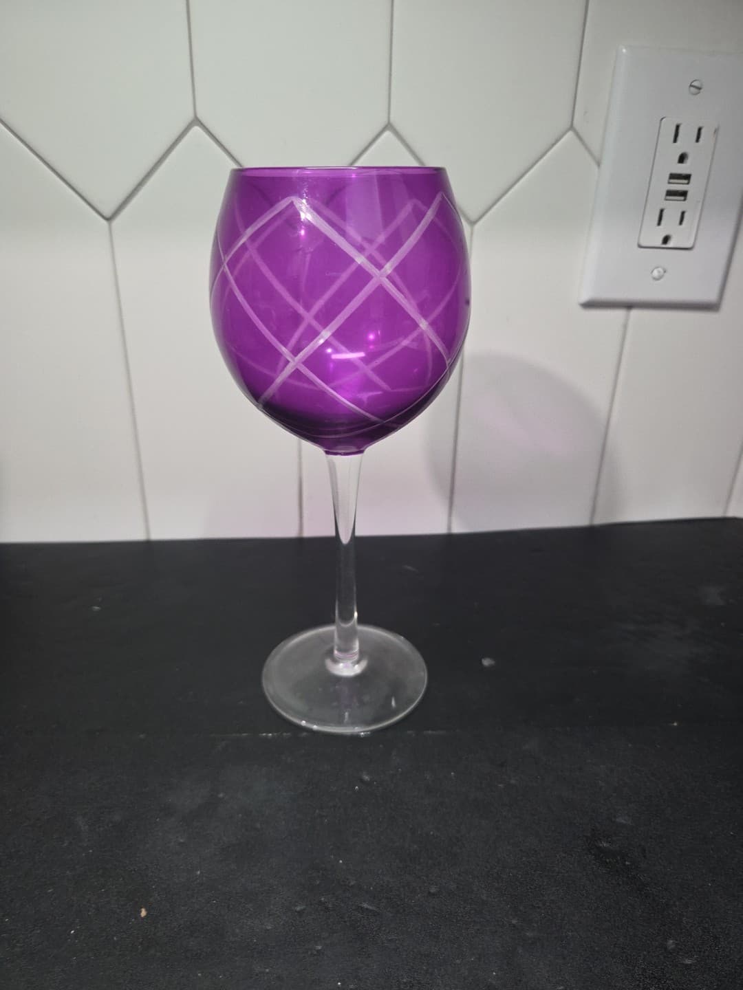 Pier 1 Amethyst Diamond Etch Wine Goblet, 8.75" Purple Balloon Glass Replacement - Thumbnail 4