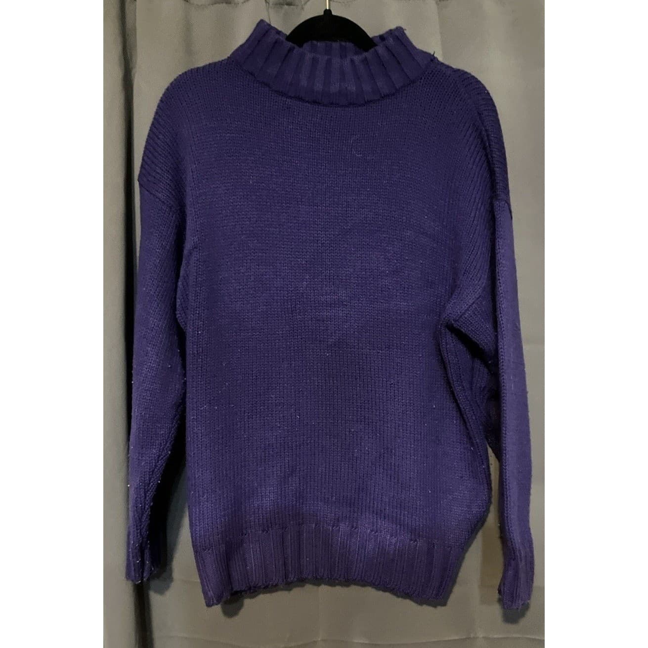 JL Plum Purple Mock Neck Chunky Knit Sweater, Women's Small, Ribbed Trim - Thumbnail 3
