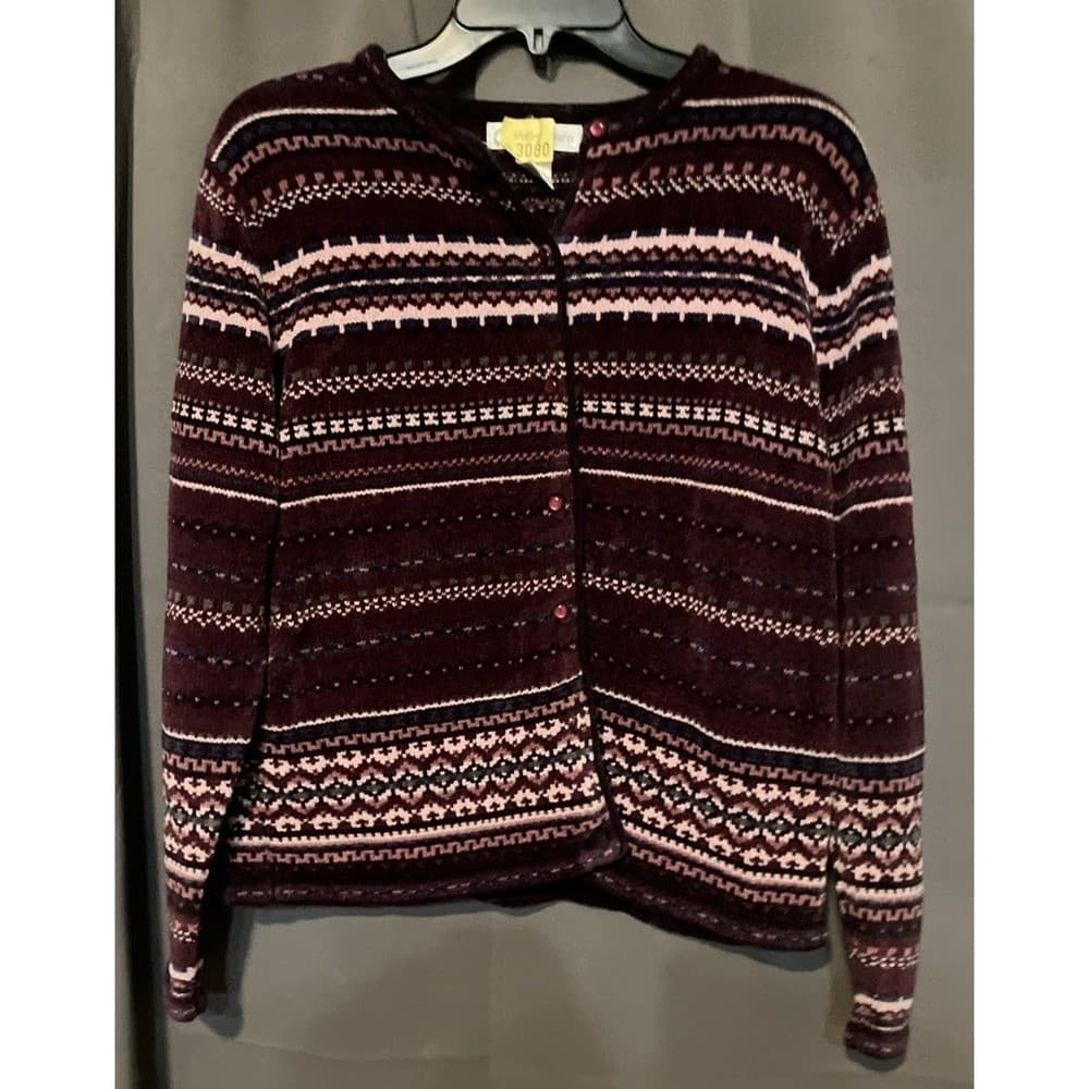 Dressbarn Fair Isle Cardigan Sweater, Women's Medium, Burgundy Knit Button Front - Thumbnail 3