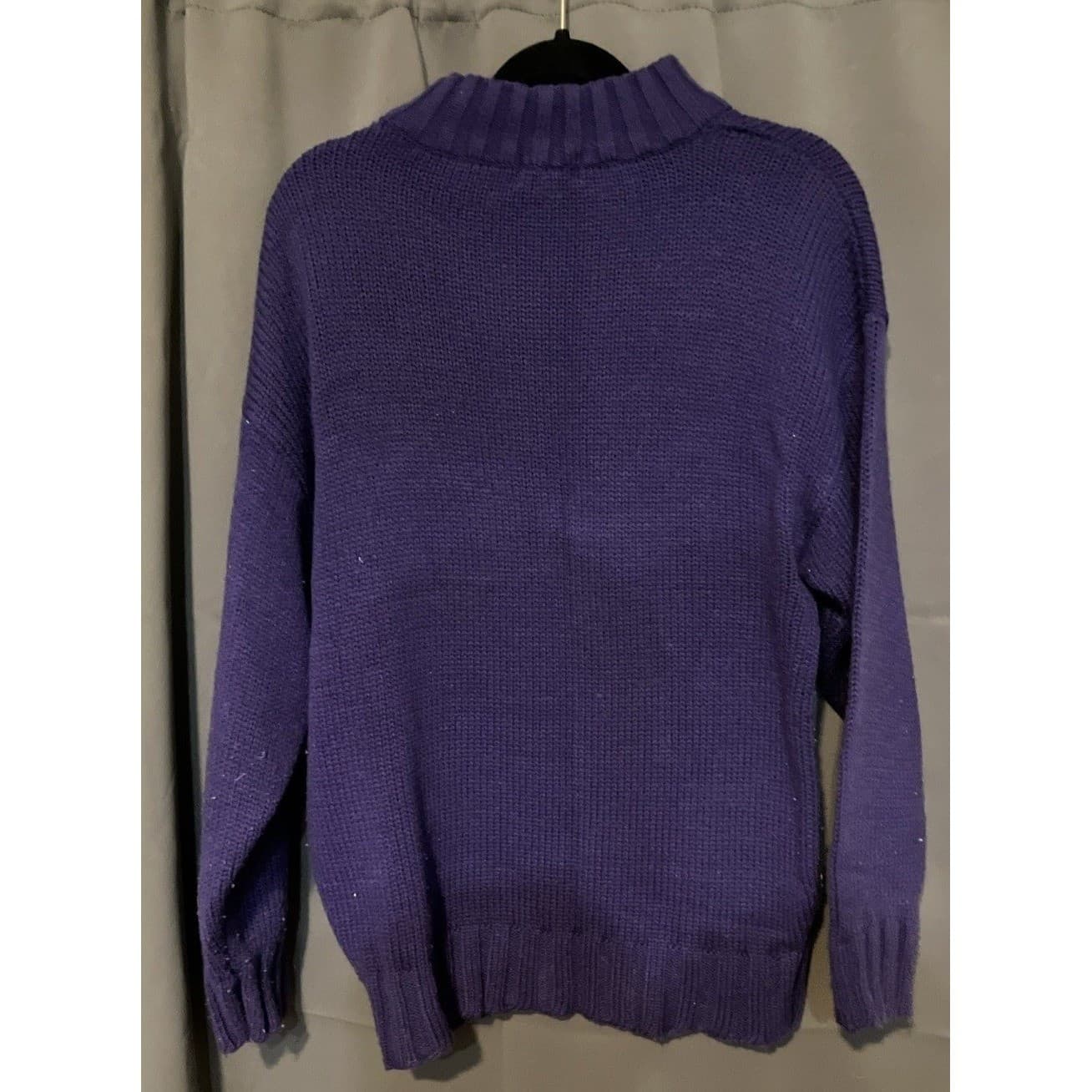 JL Plum Purple Mock Neck Chunky Knit Sweater, Women's Small, Ribbed Trim - Thumbnail 4