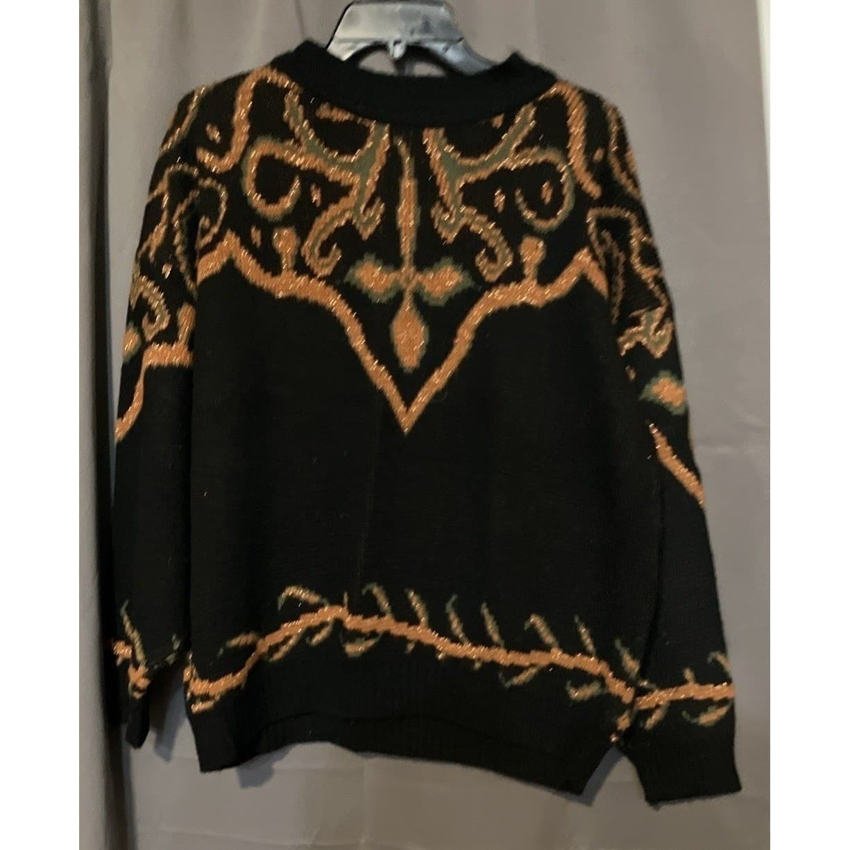 Cheryl Ornate Cross Intarsia Metallic Knit Sweater, Women's Large, Black Gold - Thumbnail 3