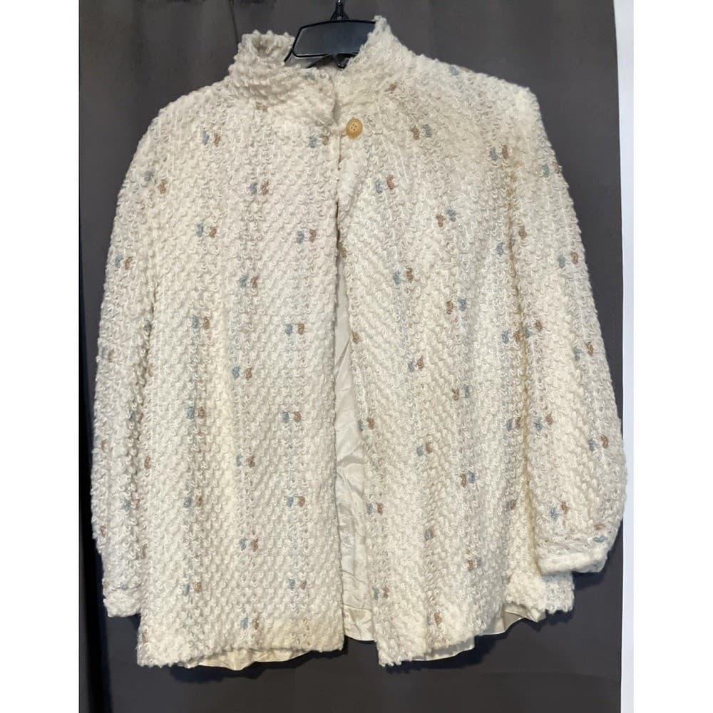 Cream Textured Boucle Knit Mock Neck, Vintage Button Front Jacket, Women's - Thumbnail 3