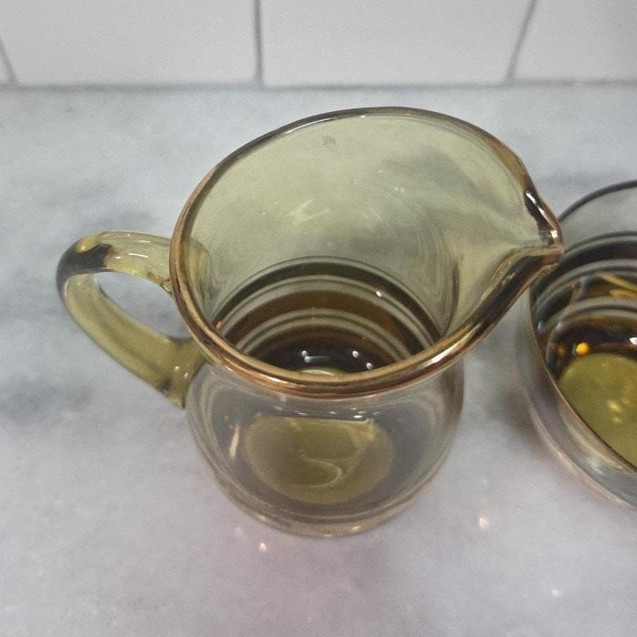 Amber Sugar Bowl & Creamer Set, Vintage Gold Rim Tableware, Macbeth-Evans Style - Thumbnail 5