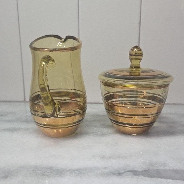 Amber Sugar Bowl & Creamer Set, Vintage Gold Rim Tableware, Macbeth-Evans Style - Thumbnail 11