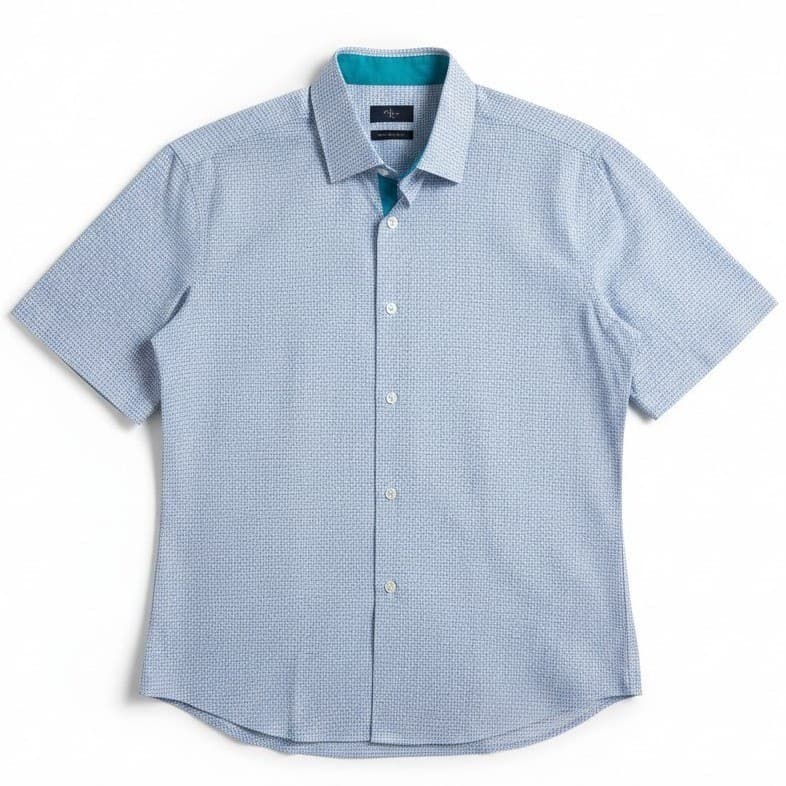 Tailorbyrd Collection Blue White Geometric 100% Cotton Button Up, Men's Large